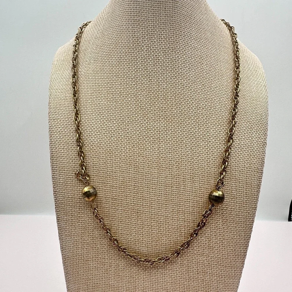 Vintage 80s Gold Tone Ball Bead‎ Station Necklace Rope Chain Statement Jewelry